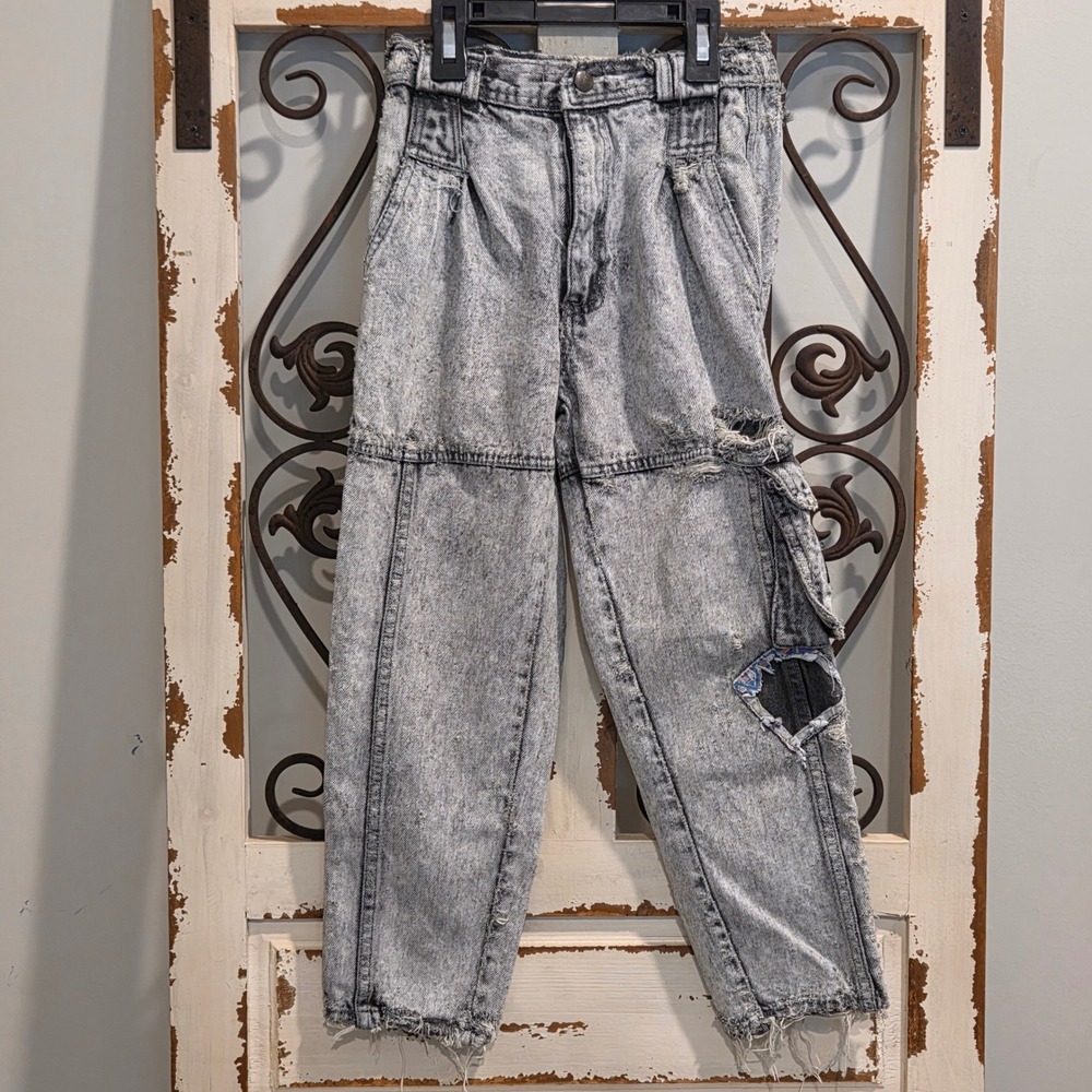 Vintage Pilot Acid Wash Distressed Patchwork Cargo Jeans Boys Size 7 Gray